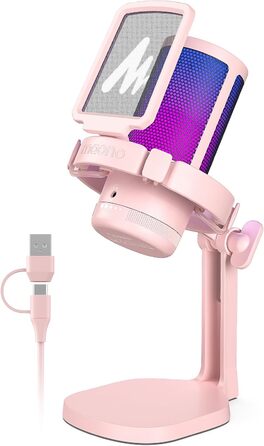 MAONO Ігровий конденсаторний мікрофон для ПК, шумозаглушення, USB, для стрімінгу, подкастів, студії, з RGB підсвічуванням, для PS5/PS4/Mac, сенсорна кнопка вимкнення, регулятор гучності, рожевий