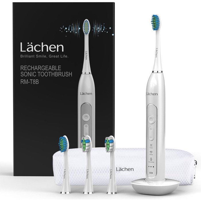 Електрична зубна щітка Lächen Sonic RM-T8B з 4 насадками, таймером, 3 режимами та 3 рівнями вібрації, білий