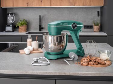 Кухонний комбайн KLAMER 1800W — Планетарний міксер для тіста з чашею 6л, 10 швидкостями та таймером, набір насадок (гак, вінчик, міксер), колір бірюзовий