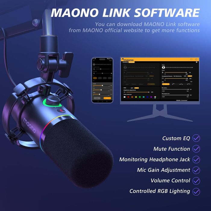 MAONO PD200XS Динамічний XLR/USB мікрофон з RGB підсвіткою, комплект із тримачем, програмним забезпеченням, кнопкою вимкнення звуку та регулятором гучності для подкастів, стрімінгу, запису, геймінгу, ПК, Mac, PS4/5, мікшер, чорний