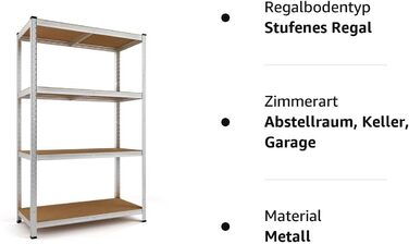 Стелаж металевий Monzana 170x75x30 см, 280 кг, 4 полиці з МДФ, для складу, гаража, майстерні, сріблястий
