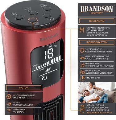 Вентилятор-колона Brandson 96 см з дистанційним керуванням, 3 швидкості, осциляція 60°, мобільний, рубіново-червоний, призер 2024 року
