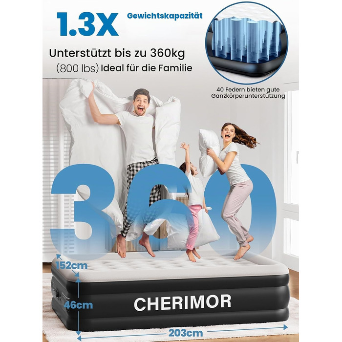 Самонадувний матрац CHERIMOR для 2 осіб, повітряне ліжко 203x152x46 см, чорне (BLA), витримує до 360 кг, з сумкою для перенесення, для дому та кемпінгу