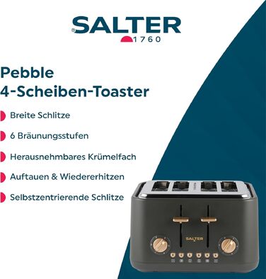 Тостер SALTER Pebble на 4 тости, чорно-сірий: розширені слоти, 6 режимів підсмажування, розморожування, підігрів, функція скасування