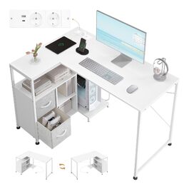 Кутовий письмовий стіл WOLTU білий з USB-A/C розетками, комп'ютерний стіл 120x80x75 см з полицею та металевим каркасом