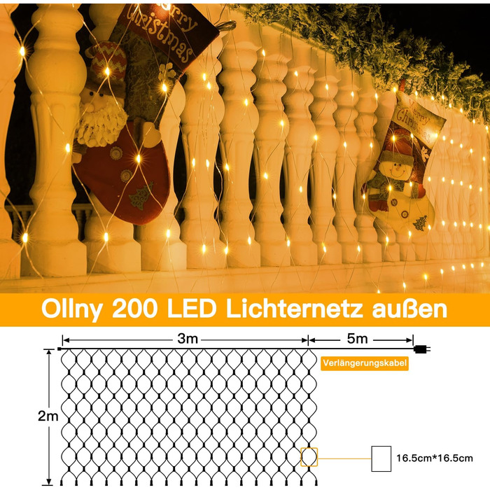 Світлодіодна сітка Ollny 3x2м, 200 LED, тепле біле світло, для вулиці та кімнати, з пультом, таймером, водонепроникна IP67, 8 режимів, для кущів, саду, балкона