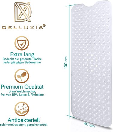 Протиcковзкий килимок для ванни Delluxia 100x40 см, прозорий, BPA-free, з 2 гачками