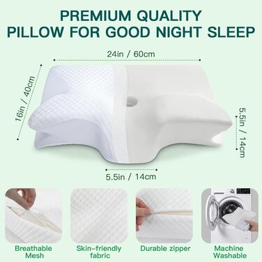 Подушка для шиї з піни Memory Foam 2-в-1, ергономічна, 60x40x12/14 см, біла - для спини, боку та живота