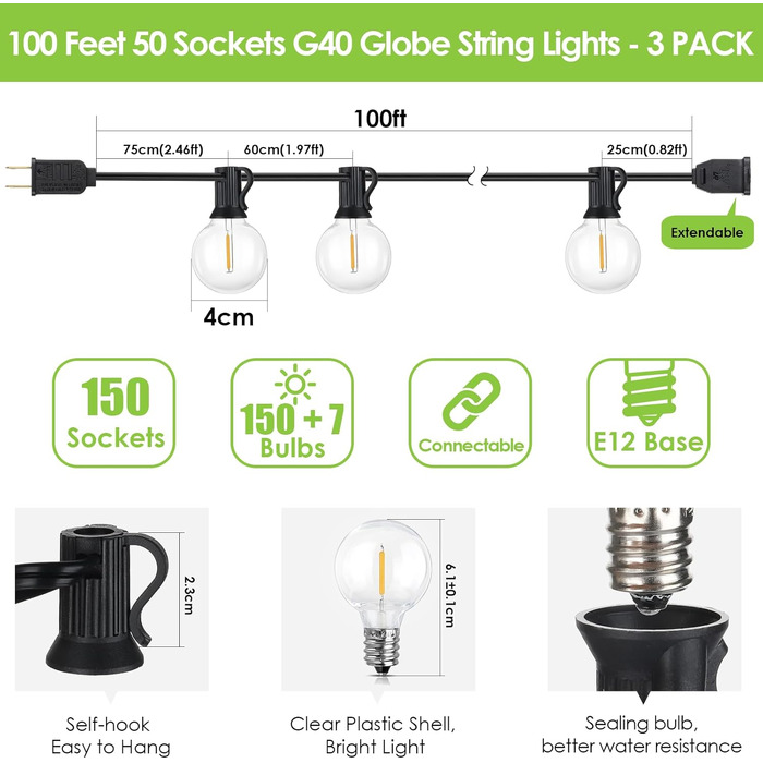 LED гірлянда Mlambert для вулиці 30м, димована, водонепроникна, G40, 53 лампочки 2700K, чорний кабель