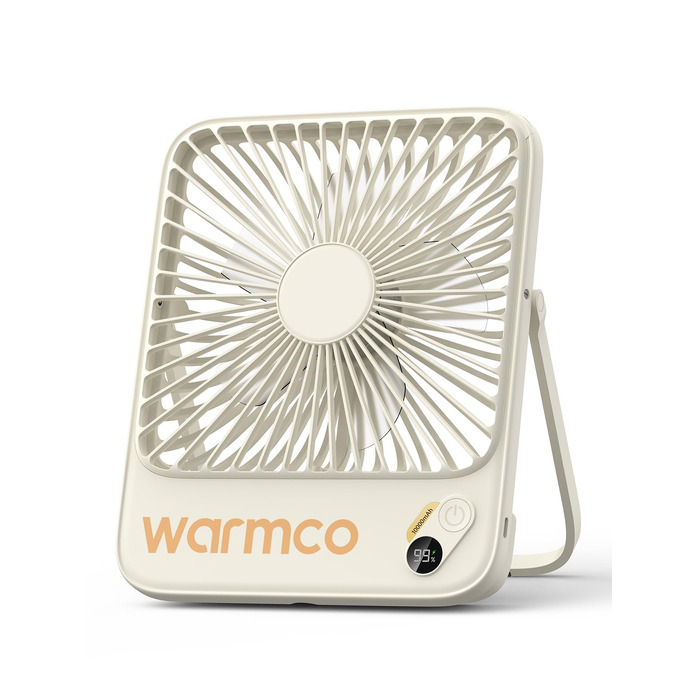Вентилятор акумуляторний Warmco 10000mAh 21 см, портативний, до 24 год, тихий, з дисплеєм для кемпінгу, офісу, спальні, подорожей (білий)