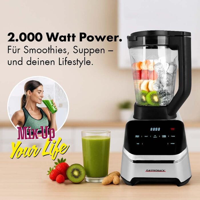 GASTROBACK Професійний Standmixer 2000 Вт з Tritan-чашею 2л, 40 000 об/хв, 7 програм (суп, смузі, крижаний дрібень), професійний міксер, блендер, кухонний комбайн