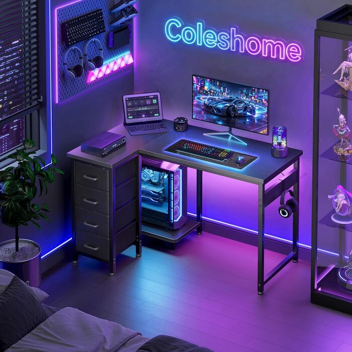 Кутовий письмовий стіл Coleshome L-подібний (100x70 см) з 4 шухлядами, реверсивний комп'ютерний стіл для офісу та спальні, чорний