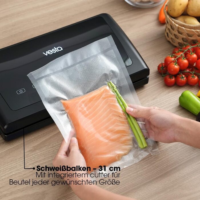 Вакуумний пакувальник Vesta Precision V11 для продуктів, 31 см, чорний - побутовий вакууматор з рулоном для упаковки
