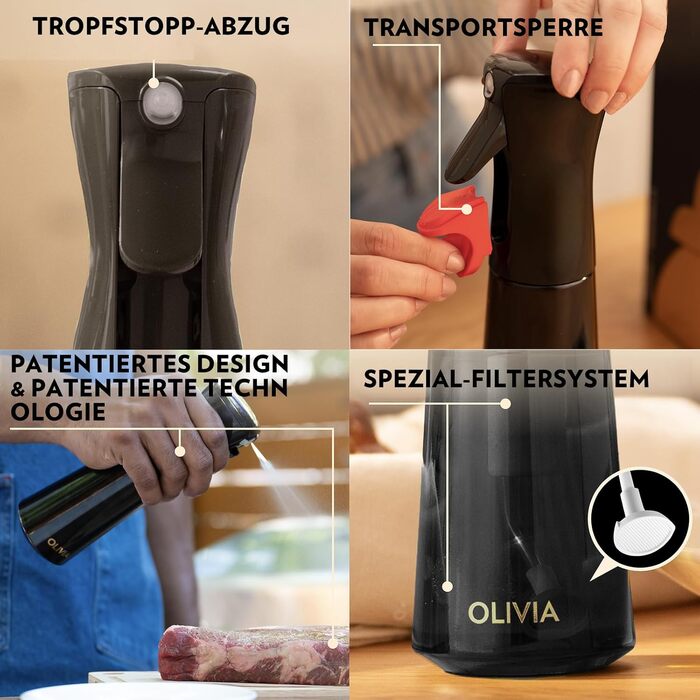 Скляний розпилювач для оливкової олії FLAIROSOL OLIVIA, 200 мл — дозатор для кухні з контролем порцій для фритюрниці, салатів та гриля (чорна пляшка)