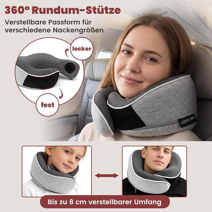 Подорожня подушка для шиї COSYLAND з ефектом пам'яті (Memory Foam) для літака та авто, ергономічна підтримка 360°, регульована, сіра (набір: чохол, маска для сну, беруші)