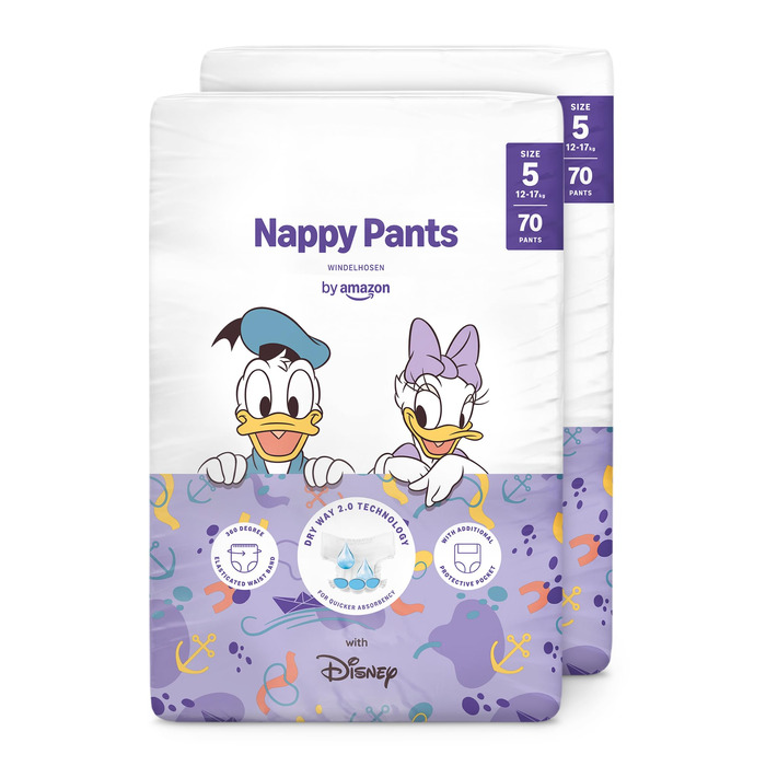 Дитячі підгузки Amazon Disney, розмір 5 (12–17 кг), 140 шт (2 упаковки по 70 шт), білі, місячний запас