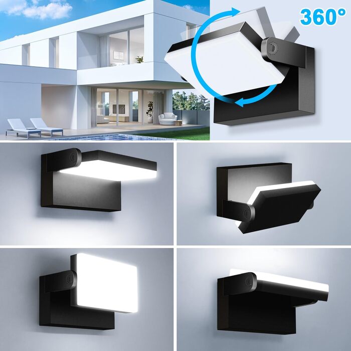 Набір стінових LED-світильників ledmo 60W (4 шт), 360° панель, 5000LM, IP65 водонепроникні, регульований кут нахилу, чорні, 6000K