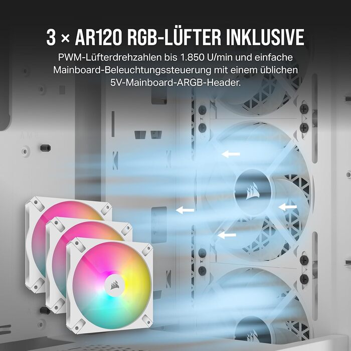 Корпус для ПК CORSAIR 3000D RGB Airflow, середній, білий, з 3 AR120 RGB вентиляторами, підтримка 3-слотової GPU, до 8 вентиляторів 120 мм, високий повітряний потік