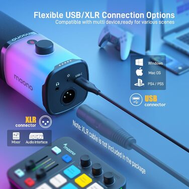 MAONO XLR/USB ігровий динамічний мікрофон з RGB підсвіткою, шумозаглушенням, кнопкою вимкнення звуку та регулятором гучності для подкастів і стрімінгу, з настільною підставкою PD100X