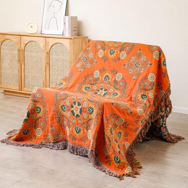 Двосторонній плед HOORDRY з бавовни Boho 150x200 см, покривало на ліжко, диван чи крісло, зелений та помаранчевий, з візерунком, для сну чи відпочинку