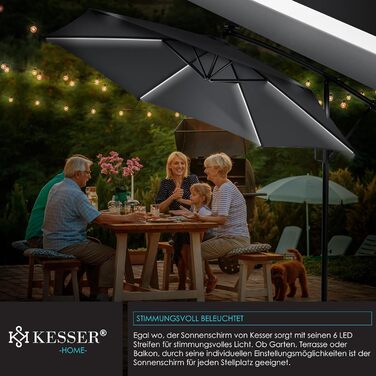Сонячна алюмінієва парасолька KESSER 350 см з LED підсвіткою, дистанційним керуванням, водовідштовхувальна, UV-захист, з основою, для саду, антрацит