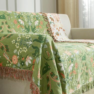 Покривало-плед Bailix Premium Boho з 100% бавовни, двостороння муслінова ковдра в стилі бохо 130x150 см, декоративна patchwork-накидка на диван та ліжко, колір зелений/бежевий