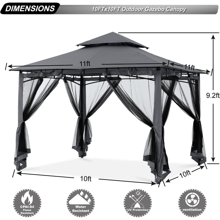 Павільйон садовий ABCCANOPY 2.5x2.5м водонепроникний, сірий (3.35x3.35м) для вечірок та захисту від сонця і дощу