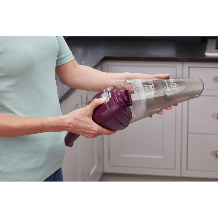 Акумуляторний ручний пилосос BLACK+DECKER Dustbuster 3.6В, безмішковий, бездротовий, широка насадка, знімний контейнер, зарядна станція з кріпленням на стіну, колір баклажан