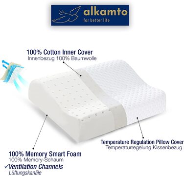 Подушка для подорожей Alkamto з ергономічною формою, memory foam, температурний контроль, додатковий бавовняний чохол, сумка для транспортування, 35x30x10/8 см, біла, для кемпінгу та сну