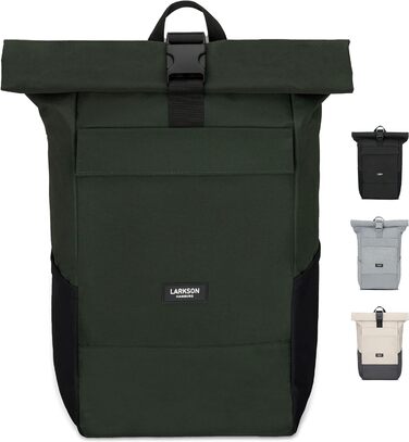 Рюкзак LARKSON Rolltop для жінок і чоловіків, водостійкий, з відділенням для ноутбука, для університету, роботи, подорожей і велосипеда, темно-зелений, універсальний розмір