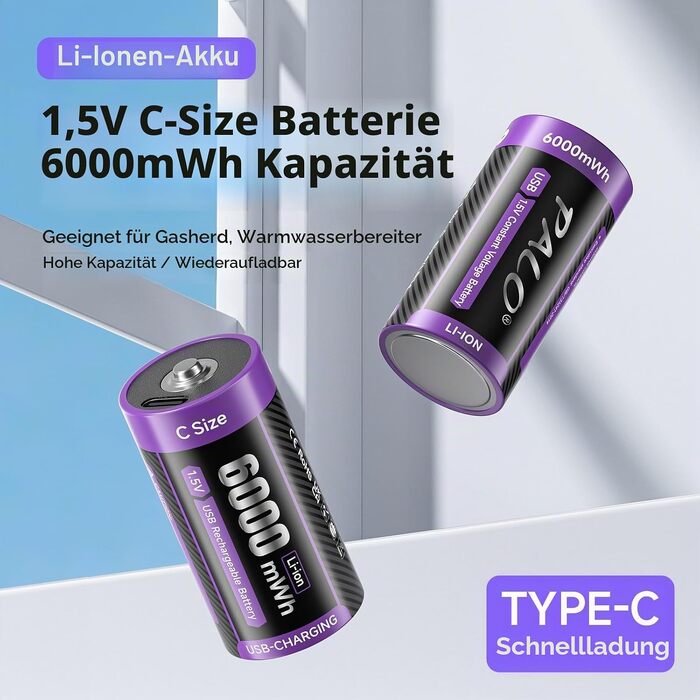 Акумулятори LR14 (Baby C) 1.5V 6000mWh Li-ion з USB-C портом для швидкої зарядки, 4 шт. — Перезарядні літієві батареї з кабелем