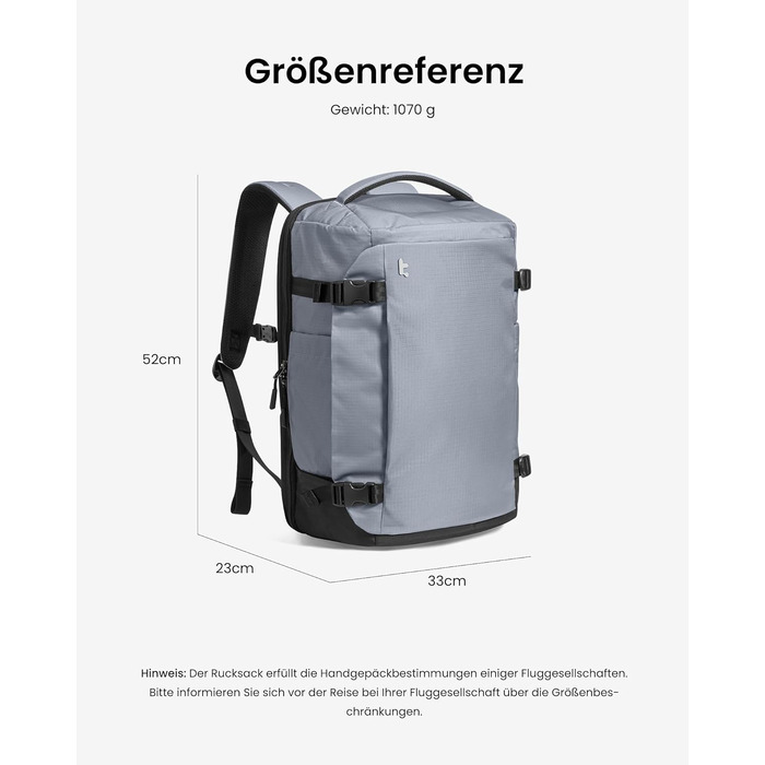 Дорожній рюкзак tomtoc 28L/40L для подорожей та перельотів, TSA-сумісна ручна поклажа, сірий Ripstop