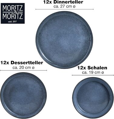 Сервіз Moritz & Moritz VIDA на 12 осіб, 36 предметів, синій – сучасний порцеляновий посуд, стійкий до подряпин, для мікрохвильовки та посудомийки, столовий набір