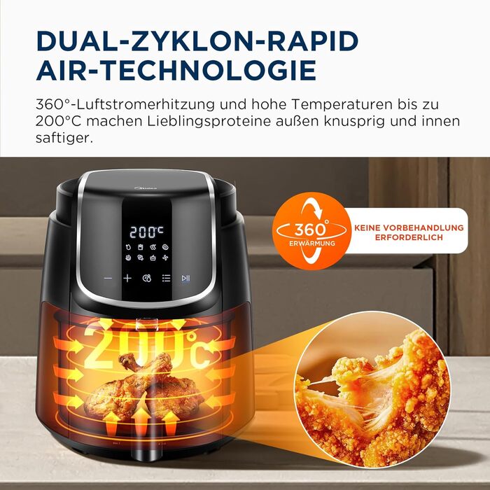 Фритюрниця Midea Air Fryer 4L XL з LED-дисплеєм, 8 програм, HeatXpress, 35-200°C, для запікання, грилю, розморожування, 41 рецепт, 90% менше олії, посудомийна безпека