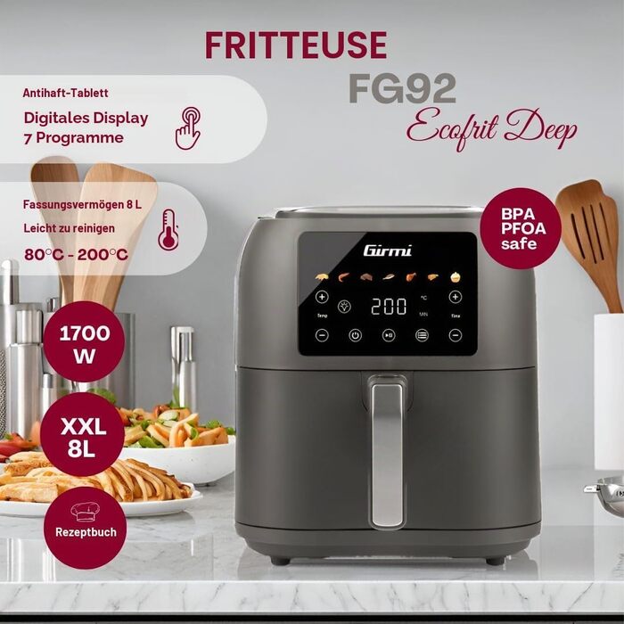 Аерофритюрниця Girmi FG92 Ecofrit Deep XXL 8л, 1700 Вт, цифрова панель керування, 7 програм, антипригарне покриття, матово-сіра
