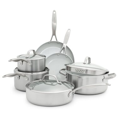 GreenPan Venice Pro Tri-Ply Набір посуду 10 предметів: каструлі та сковорідки, здорове антипригарне покриття, нержавіюча сталь, індукція, придатний для духовки та посудомийної машини, без PFAS, срібний