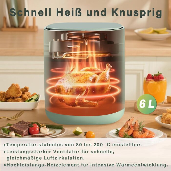Аерофритюрниця Citybee XXL 10L (5L+5L) з двома камерами та вікном, Dual Zone Airfryer 2200W, сенсорне керування, таймер 24г, зелена