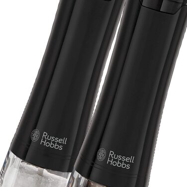 Електричний набір млинків Russell Hobbs для солі та перцю, 2 шт, керамічний механізм, регулювання помолу, LED-підсвічування, чорний, для спецій і трав, модель 28010-56