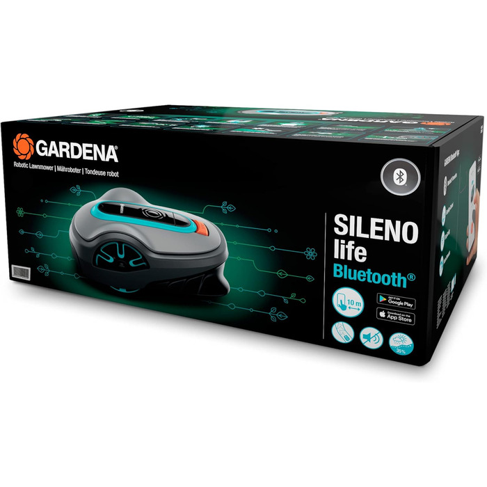 Газонокосарка-робот Gardena SILENO life для газонів до 1000 м², Bluetooth-керування, тиха 57 дБ, для ухилу до 35%, всепогодна