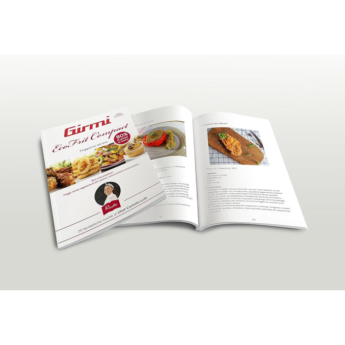 Компактна аерофритюрниця Girmi FG93 Ecofrit, 3.2 л, 1000 Вт, економна (до -30% енергії), з антипригарним покриттям та книгою рецептів, Білий/Червоний