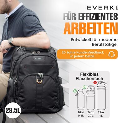 Бізнес-рюкзак для ноутбука Everki Atlas 32L (13–17.3 дюймів) ергономічний дорожній рюкзак з регульованим відділенням, чорний