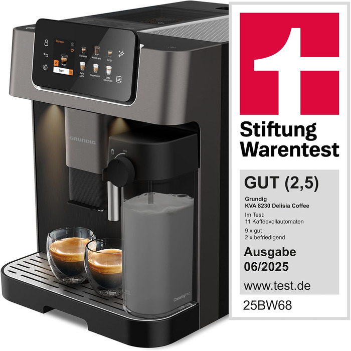 Кавомашина автоматична Grundig KVA 8230, 19 бар, сталева кавомолка, капучинатор, підігрів чашок, чорний/сріблястий