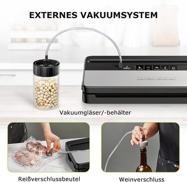 Вакууматор для продуктів Bonsenkitchen для сухих та вологих продуктів з вбудованим різачем, чорний (комплект з рулоном та пакетами)