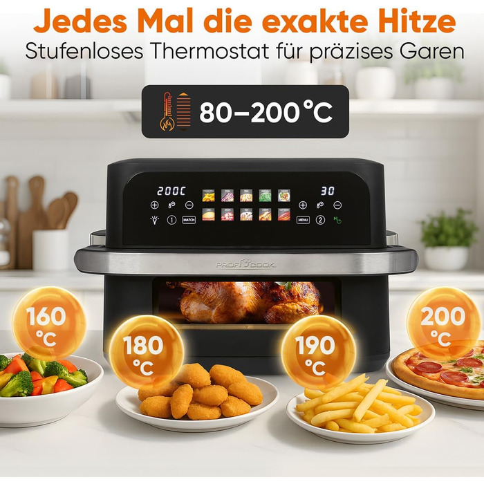 Аерофритюрниця ProfiCook PC FR 1313 H XXL з двома камерами, 10 л, 2400 Вт, сенсорний дисплей, 10 програм, чорна