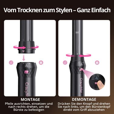 CrazyMar Airstyler 7-в-1: Фен-щітка з іонізацією, автоматичний стайлер для волосся, випрямляч та плойка (чорний)