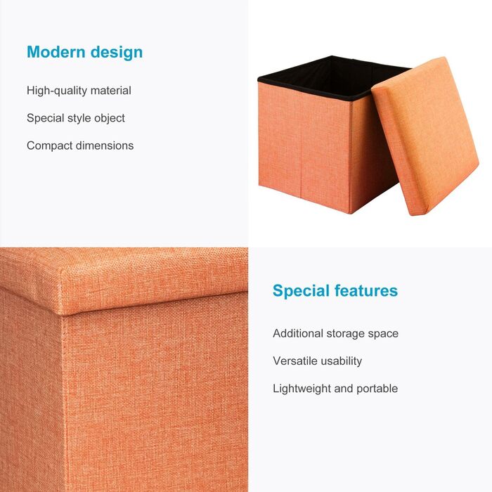Складаний пуф INTIRILIFE 30x30x30 см, мандариновий, з місцем для зберігання, тканина під льон, куб-сидіння, пуф-ящик, сидіння-лава