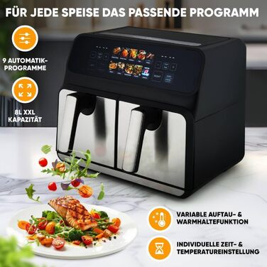 Аерофритюрниця ProfiCook 8 л з двома камерами, 2200 Вт, подвійна, без олії, кольоровий дисплей, модель 2024, чорна-нерж.