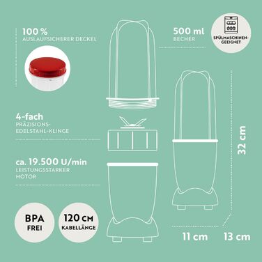 GOURMETmaxx блендер-смузі мейкер 250Вт, 4в1, 500мл, електричний міні міксер з 9 функціями, BPA-free, чашка To-Go, білий-червоний