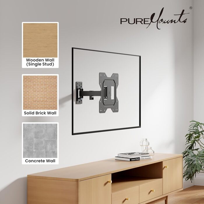 Настінний кронштейн для телевізора та монітора PureMounts, нахильний та поворотний, VESA 100x100 мм, до 20 кг, для діагоналей 23-43 дюйми, чорний