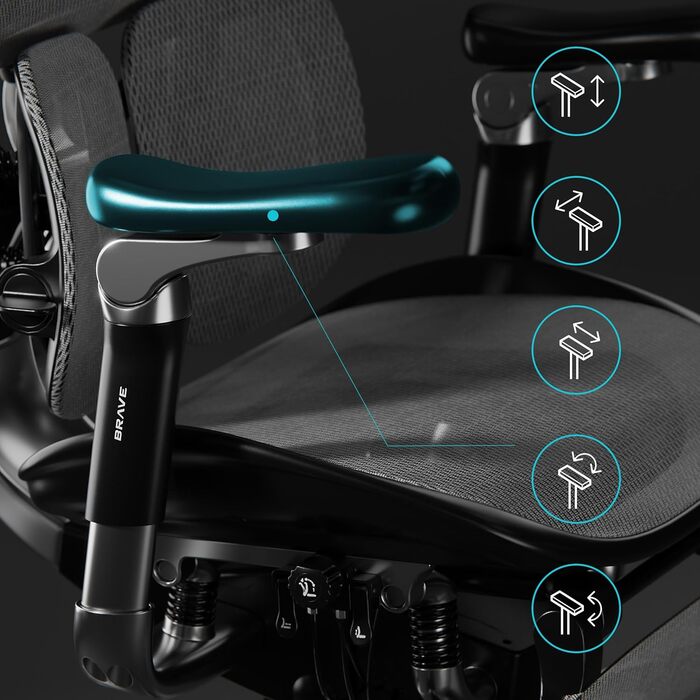 Офісне крісло Diablo Brave V-Kinetic, ергономічне, з підставкою для ніг, 5D підлокітниками, сітчастою спинкою, підтримкою попереку, регульоване, до 120 кг, чорне, 126x70x70 см